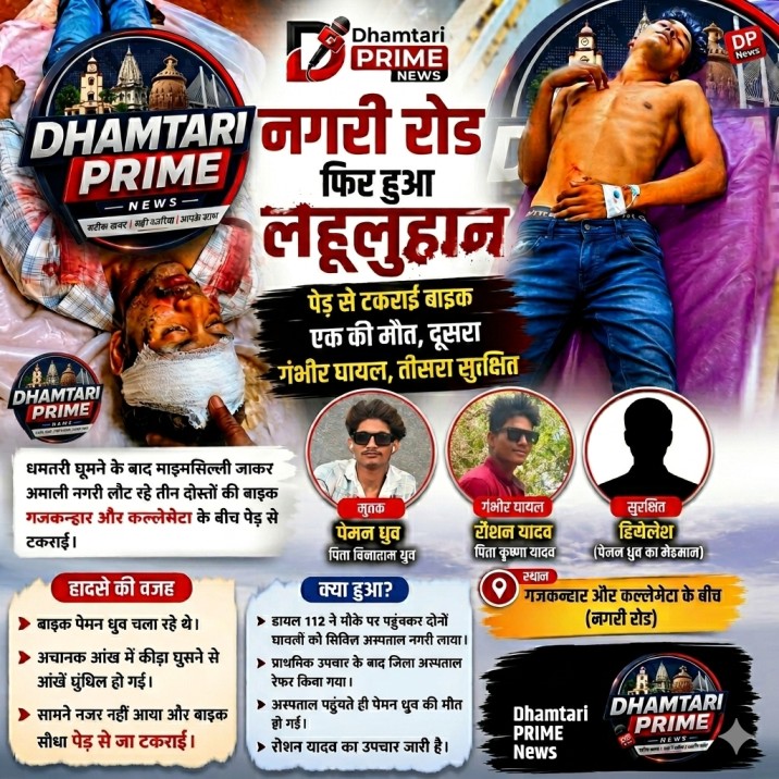 नगरी रोड फिर हुआ लहूलुहान – माडमसिल्ली से लौट रहे तीन दोस्तों की बाइक पेड़ से टकराई, एक युवक की मौत… दूसरा जिंदगी और मौत से जूझ रहा