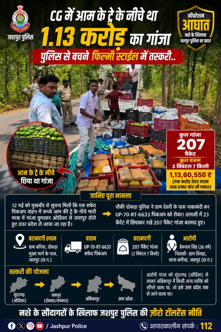 CG में आम के ट्रे के नीचे था 1.13 करोड़ का गांजा, पुलिस से बचने फिल्मी स्टाइल में तस्करी..
