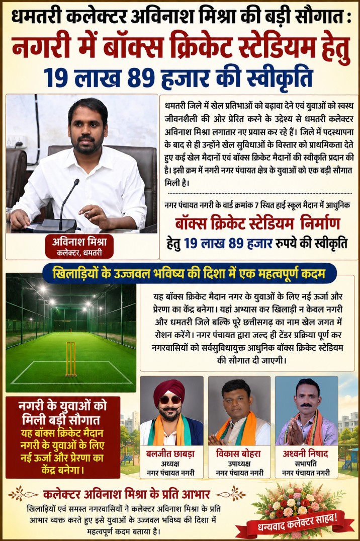 धमतरी कलेक्टर अविनाश मिश्रा की बड़ी सौगात : नगरी में बॉक्स क्रिकेट स्टेडियम हेतु 19 लाख 89 हजार की स्वीकृति